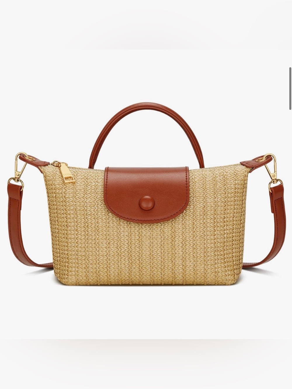 Straw Handbag with Brown Leather Trim